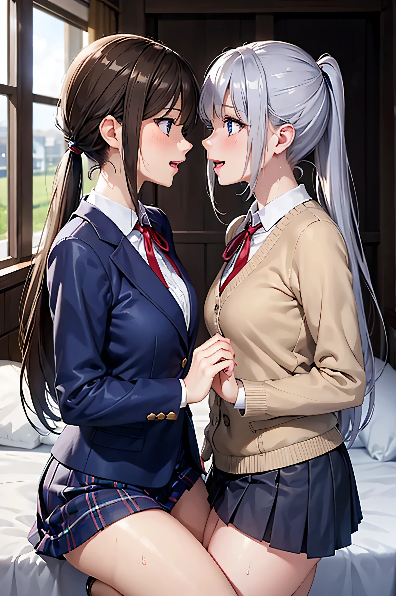  adult woman laughing, 2 women kissing,The two of them are staring at each other, put your hand inside the skirt, sexy,8K resolution,((Best Quality)), super high definition, ( ecstatic face), ( blue eyes),  Beautiful Symmetrical Face , ( silvery long hair),( brown ponytail), blazer uniform, mini skirt, Cardigans ,Realistic:1.4,Realistic:1.4,(masterpiece:1.2), perfect eyes,Perfect Eyes, Anatomically Correct Human Body ,Perfect waist,Perfect thighs,(Open your mouth:0.8),(tongue:0.8),Sigh,socks,Disheveled clothing,(sweat:1.1),(saliva:0.8)