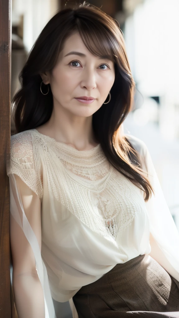 NSFW, ((highest quality)), ((8K)), ((masterpiece:1.3)), (be familiar with), perfect face, ((japanese woman)), (Married woman), ((47 years old)), (((Layering petticoat dress and underwear))), ((Silk petticoat dress)), (Transparent white pericoat dress:1.05), (white bra:1), (2 sets of shoulder straps), (Bunty), (wrinkles on the face:1.2), ((wrinkles at the corners of the eyes)), A slightly gloomy look, (lips slightly open), (Look diagonally forward to the left:1.3), (Long wavy hair), double upper eyelid, (whole body), standing posture, barefoot,