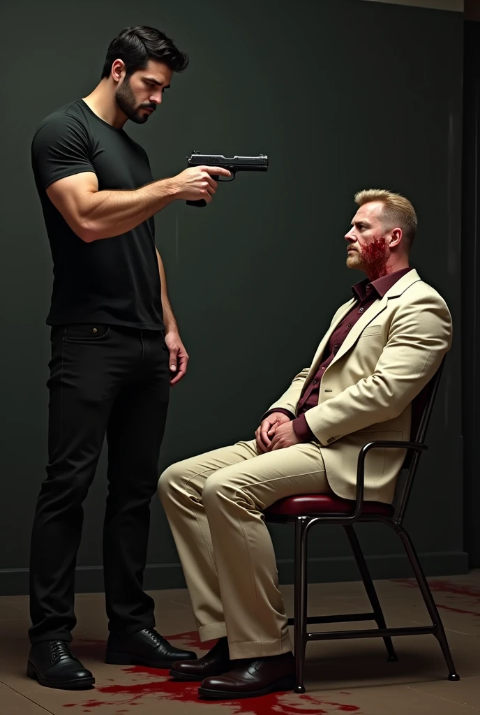 Homme qui menace un autre homme avec un pistolet, le premier homme point un pistolet sur la tête de l'autre homme le canon du pistolet est posé sur la tête de l'autre homme son visage est furieux. Le deuxième est à genoux les main attaché dans le dos attendant son sort les yeux fermés le visage crispé et les dent serré il transpire, il est torse nue et il y a des traces de coup violent sur son visage et il a un œil au beurre noir, il a la tête baissé vers le sol en signe de désespoir.