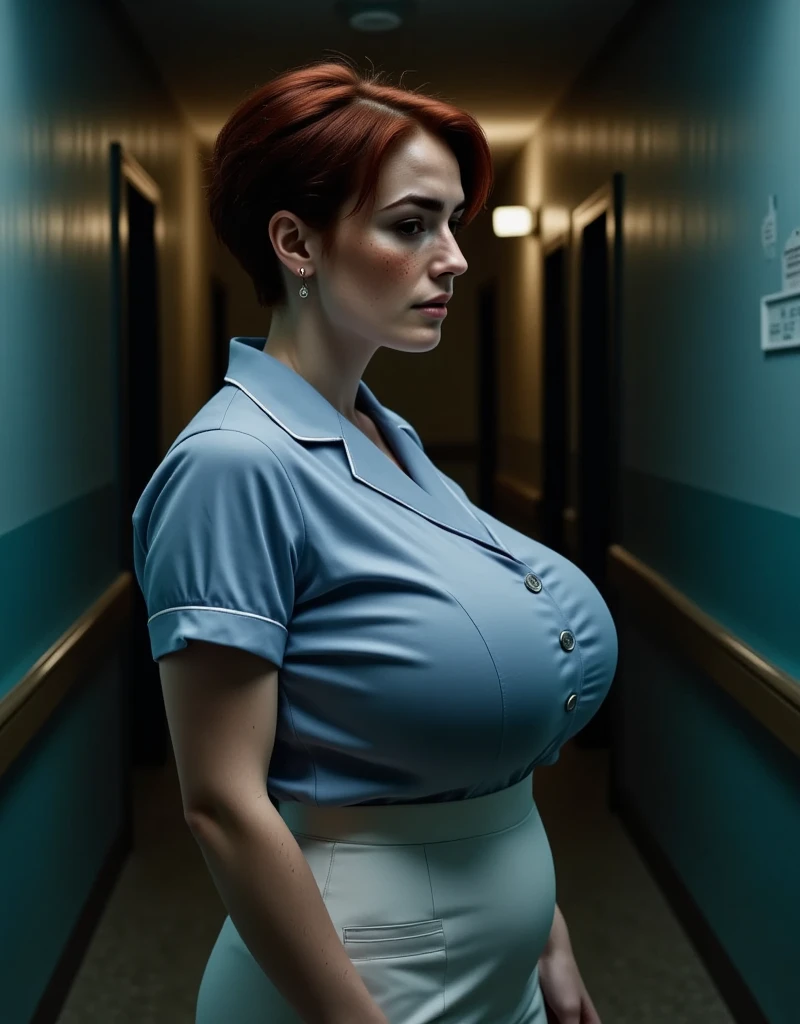 Photorealistic (picture from the side), (focus on her silhouette), featuring a woman standing in the hallway of a hospital. (dark hallway:1.5),  (light at the end of the hallway). She is a beautiful british woman, with brown eyes, downturned eye shape. She has high cheekbones and dark eyebrows. She has reddish-brown hair, sides of her head shaved hairstyle, light skin and freckles.Her attire includes white skirt and white nurse uniform blouse.  perfect hand. massively huge breasts.