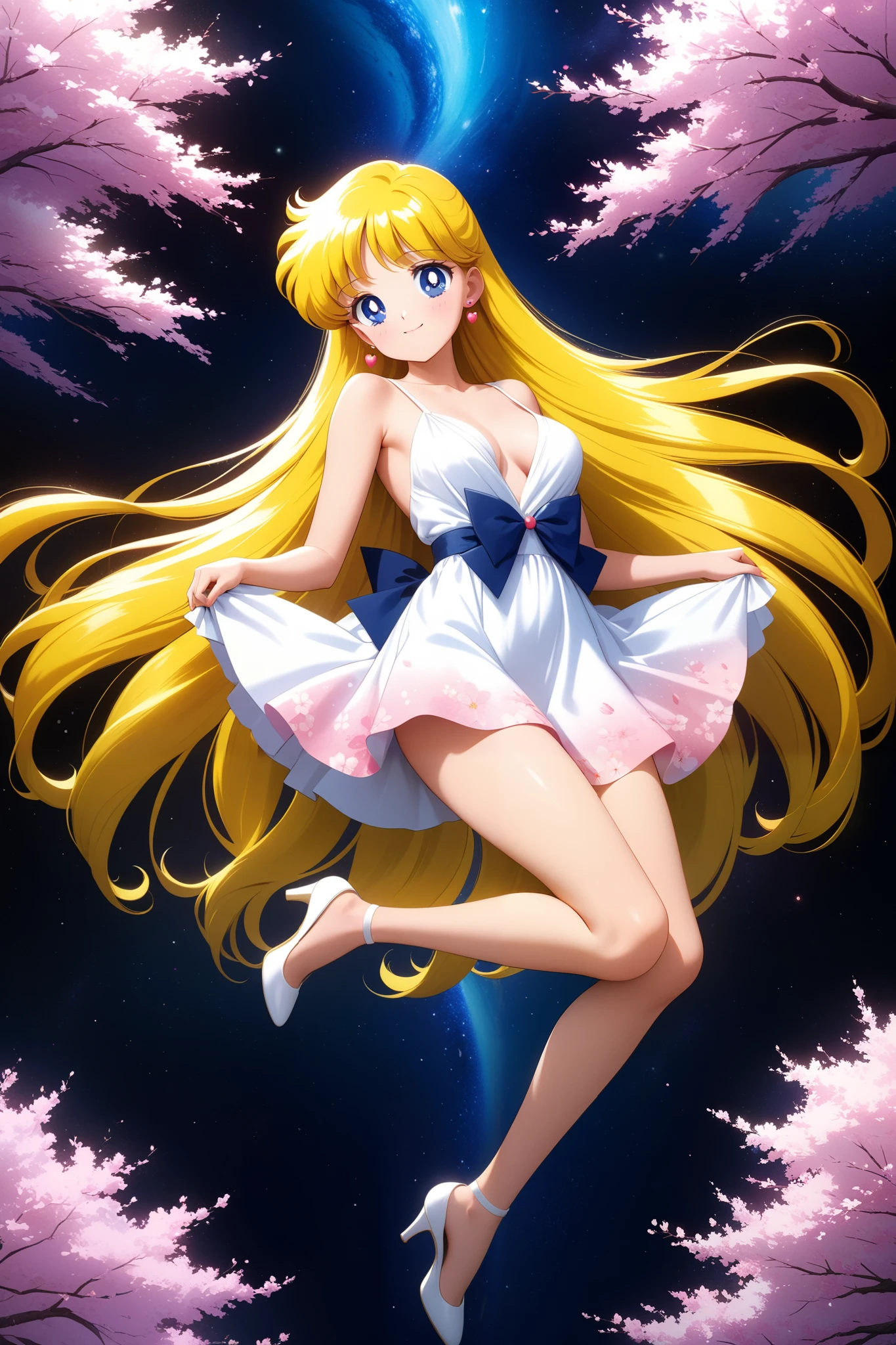 colorful, (masterpiece, best quality, very aesthetic , ultra detailed), intriguing details , 4K, aavenus, long hair, blonde hair, combed to the side, earrings, blue eyes, 1girl, usagi's birthday, cute white dress, pink cherry blossoms printed, smile,  detailed galaxy in space  background, intricate details, black night, Various sexy poses、Depicts the whole body