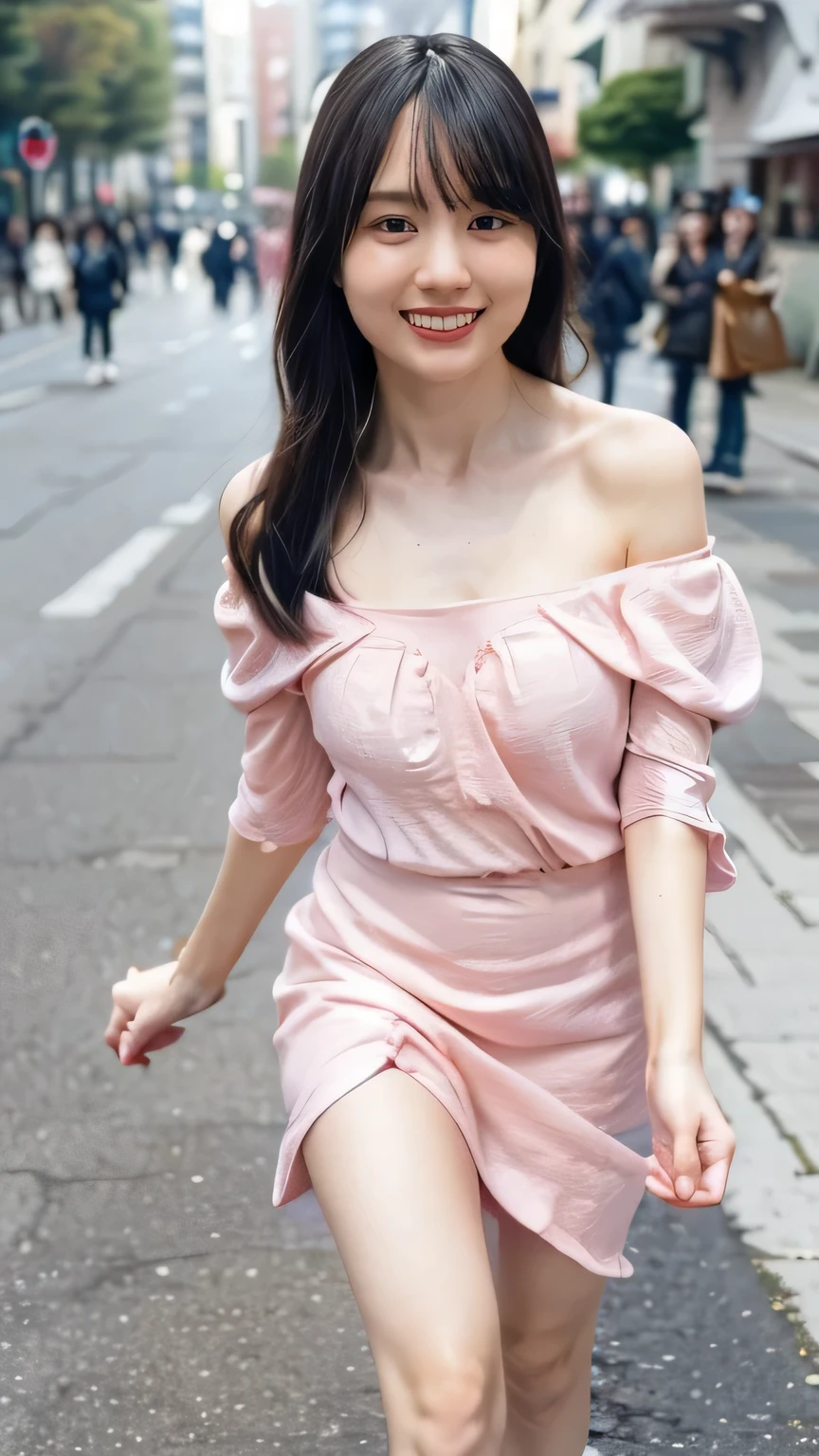 (8k、 RAW PICTURES UP 、Best Quality、masterpiece:1.2)、(Realistic、Realistic)、 1 girl、((pale pink off-the-shoulder dress、 mini skirt、 Front View、smile、 camera 、smile、 walking slowly ))、cute、 small breasts