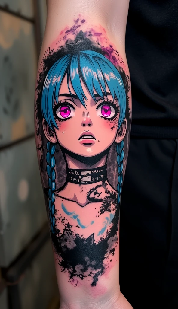 black arm tattoo design with jinx on it, abstract, fantasy, anime artstyle, jinx,low twintails,blue hairstyle, choker,pink eyes, tattoo art