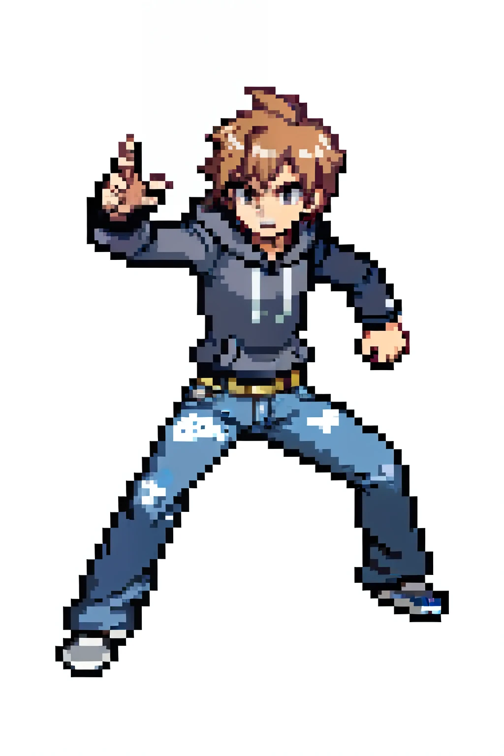 pixel art of a man, full length, copper hair, really short hair, jeans, gray hoodie, dynamic pose, white background