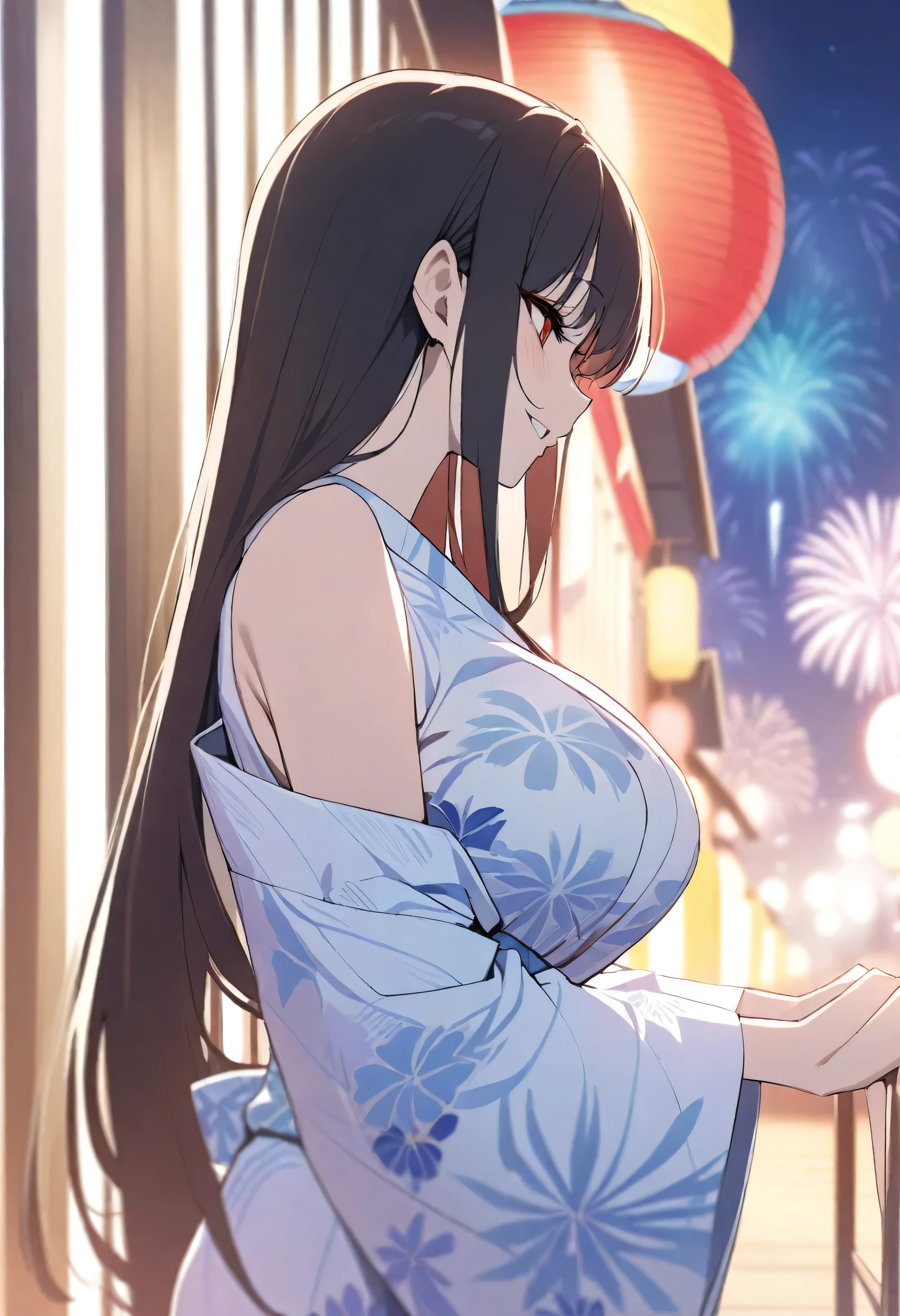 masterpiece,   Details, 8k, Best Quality, Novel illustrations,  1 girl, yukata, カラフルなyukata , slender, Black Hair, Long Hair,Hair long enough to reach your feet、  short bang ,   Details face,  Red eyes ,  (Big Breasts:0.9)、 and stare at my tall boyfriend、I look up shyly 、 A lovely blushing smile ,  hold hands with her,  sleeveless, off shoulder、 We look at each other's visible chest 、 A bustling summer festival at night, Dazzling fireworks 、Accurate hands、the girlfriend 、profile、 beside you、Next to me、Thighs、knees、geta