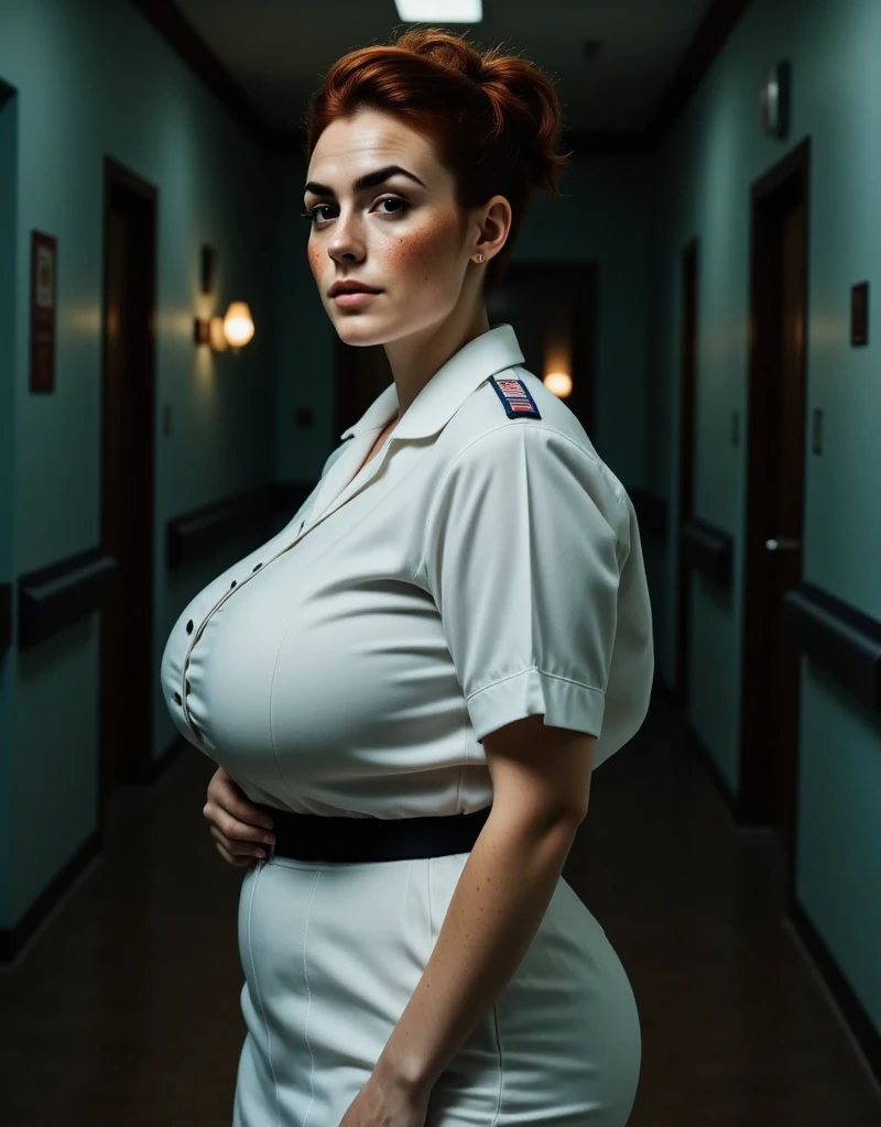 Photorealistic (picture from the side), (focus on her silhouette), featuring a woman standing in the hallway of a hospital. (dark hallway:1.5),  (light at the end of the hallway). She is a beautiful british woman, with brown eyes, downturned eye shape. She has high cheekbones and dark eyebrows. She has reddish-brown hair, sides of her head shaved hairstyle, light skin and freckles.Her attire includes white skirt and white nurse uniform blouse.  perfect hand. massively huge breasts.