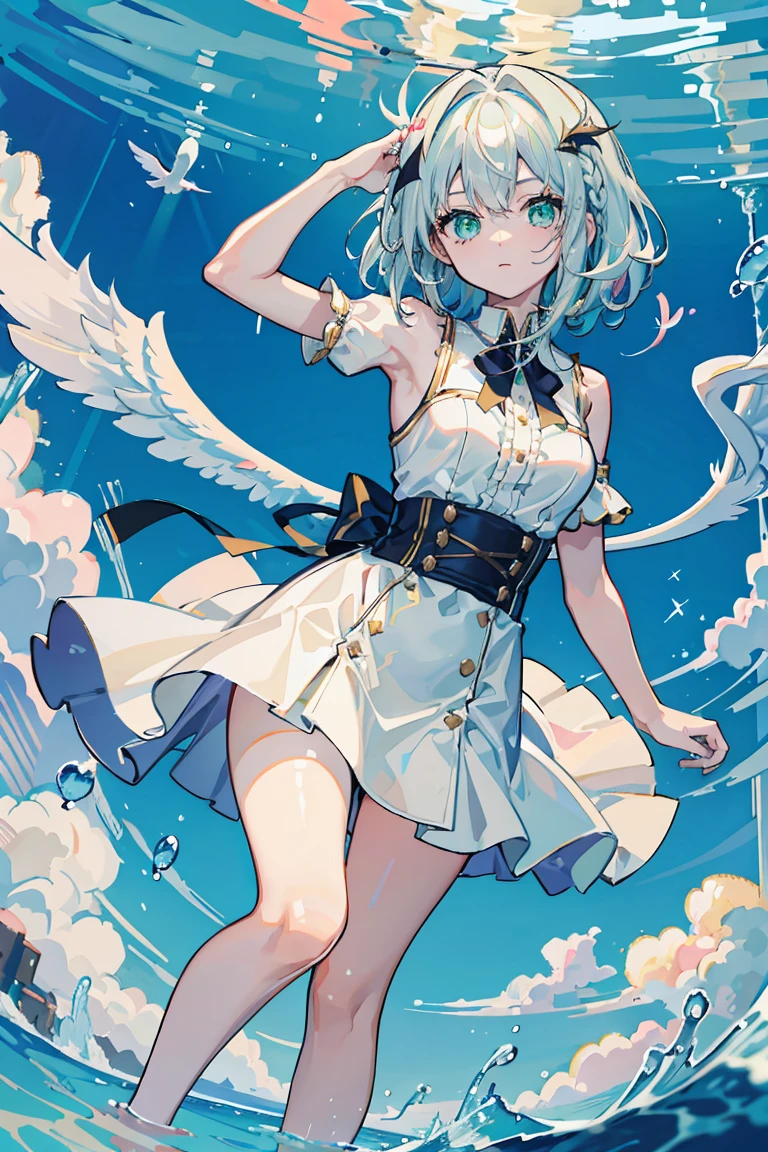 soles, masterpiece, 1 person, solo, very short hair, long bangs between the eyes, gray eyes , very detailed,(masterpiece、highest quality)、alone、gray hair、 silver hair, face up, blue sky, glow white particle, (sidelighting:1.2), sun rise , pink cloud, detailed clouds, slender, Lovely small exposed large breasts, super cute smile with teeth, red cheek, blushing, beautiful green hair, magic light, deep shiny blue eyes, cute girly pause, Draw your breasts inward and push them up, choker, pussy exposed, exposed breasts, exposed pink nipples, put in white battle armer on left arm and legs, super detailed beautiful castle view background, sunset view, wide shot, giving peace sign, jumping, fun, full body, fireworks,galaxy,glint ,light particles,light rays,light trail,Energy circle,Magic Formation,Concentric circle,fire magic,magic circle,milky way,planet,shooting star,sky,solo, sparkle background,star \(sky\),star \(symbol\),starry background,starry sky,starry sky print, tattoo on breasts, full body
