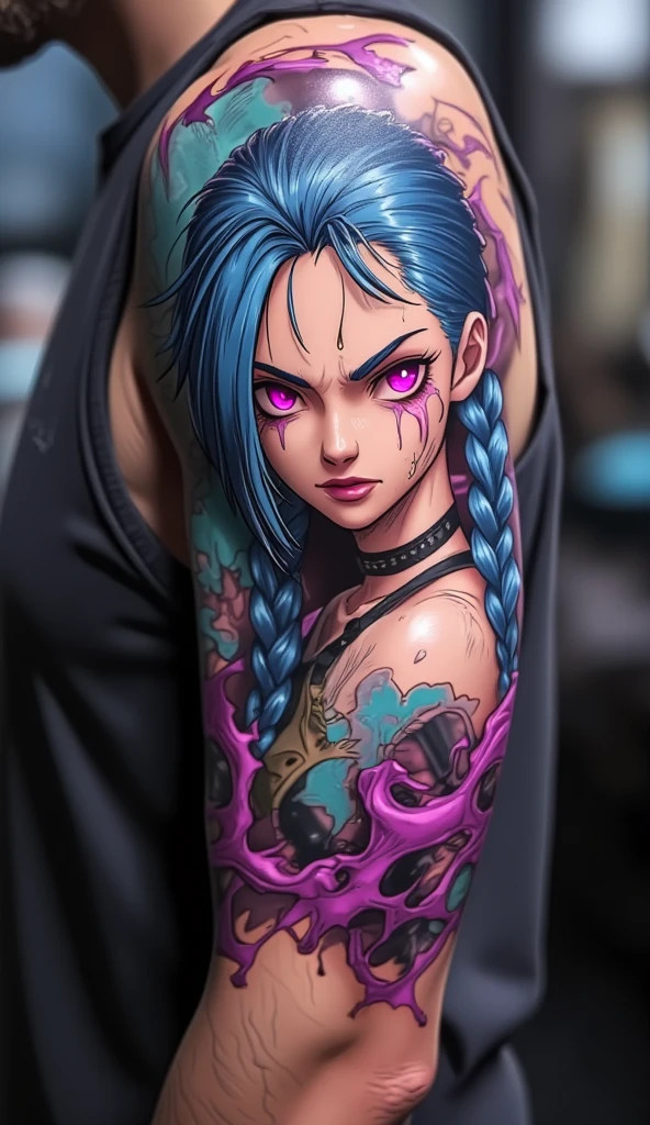 black arm tattoo design with jinx on it, abstract, fantasy, anime artstyle, jinx,low twintails,blue hairstyle, choker,pink eyes, tattoo art