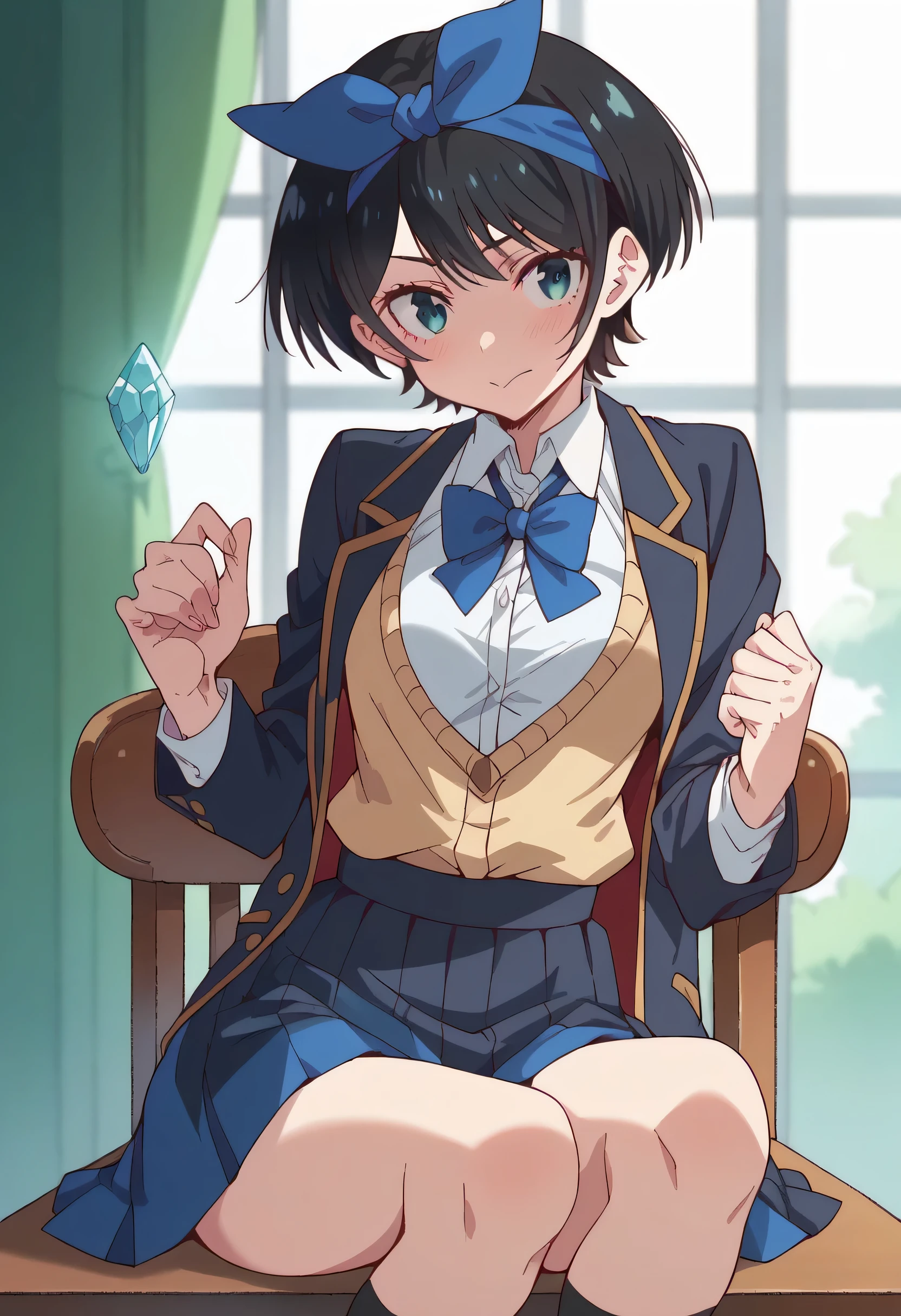 Obra de arte,  top quality, Ruka Sarashina, de Rent-a-Girlfriend ,  short black hair  , Small breasts, blue ribbon on the head ,  defined waist, Cheerful face ,  black school uniform ,  Sitting in a chair ,  with a shiny gold crystal in your hand, lifting the crystal ,  look would be 