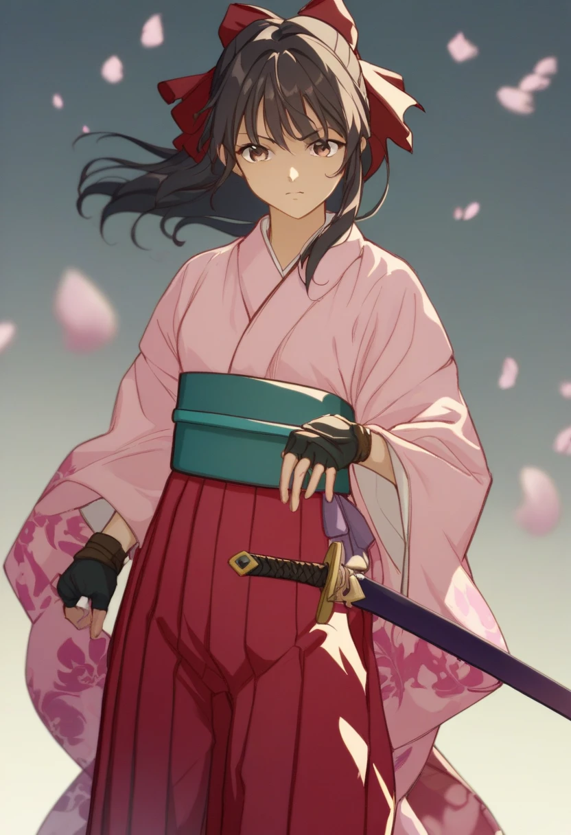 Score 9、Score 8 or higher、Score 7 or above、 very aesthetic、 Anime Source 、 Details、 high quality、beautiful、masterpiece、 Detailsな目、 simple background、 blurry background、 cowboy shots、 holding a sword ,、Cherry Blossom Base、Black Hair、 hair bow、 red ribbon、Brown Hair、 side lock、bangs、 ponytails、Japanese clothing、Red Hakama、 pink kimono 、 Meiji era female student uniform、Purple belt、 fingerless gloves 、green belt fastening 