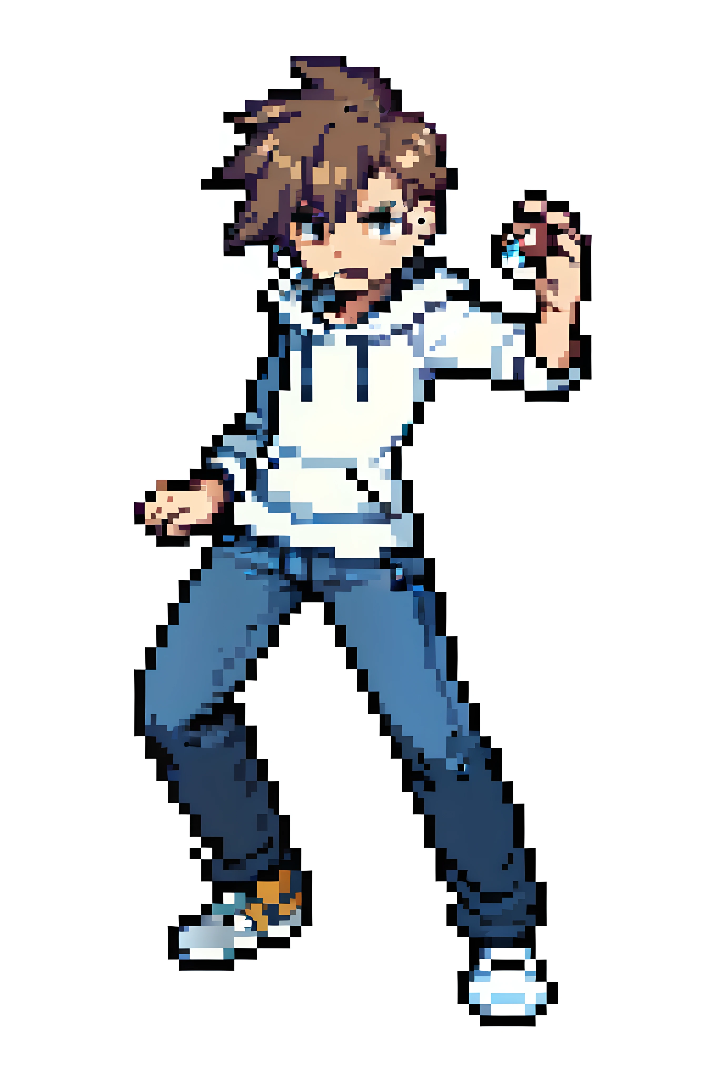 pixel art of a man, full length, copper hair, really short hair, jeans, white hoodie, dynamic pose, holding pokeball, white background