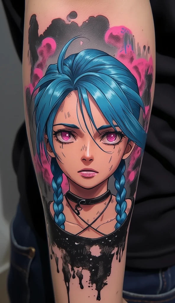 black arm tattoo design with jinx on it, abstract, fantasy, anime artstyle, jinx,low twintails,blue hairstyle, choker,pink eyes, tattoo art