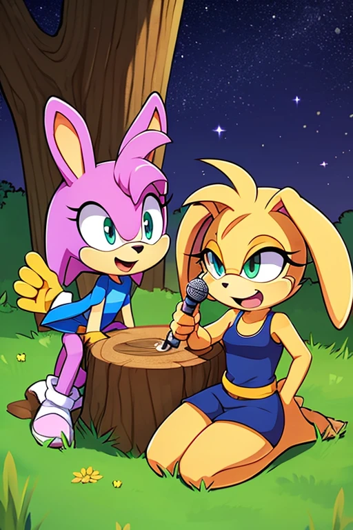 Male human amirhossein ajorloo and female furry sara rabbit mode of sit down in tree trunk in grass amirhossein ajorloo play guitar sing love for sara rabbit sara rabbit mode feel love look at amirhossein ajorloo night sky sonicfurry style 