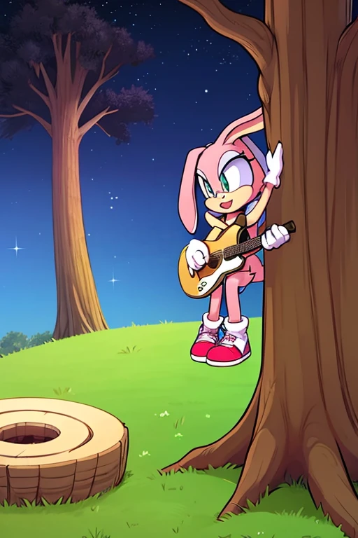 Male human amirhossein ajorloo and female furry sara rabbit mode of sit down in tree trunk in grass amirhossein ajorloo play guitar sing love for sara rabbit sara rabbit mode feel love look at amirhossein ajorloo night sky sonicfurry style 