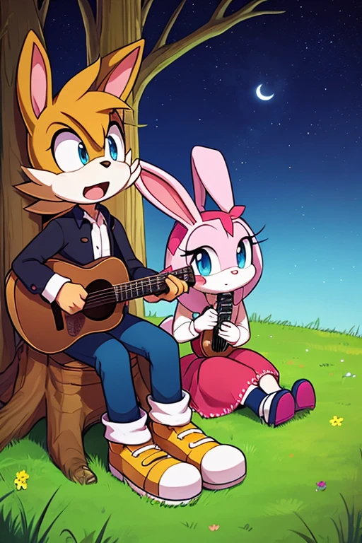 Male human amirhossein ajorloo and female furry sara rabbit mode of sit down in tree trunk in grass amirhossein ajorloo play guitar sing love for sara rabbit sara rabbit mode feel love look at amirhossein ajorloo night sky sonicfurry style 