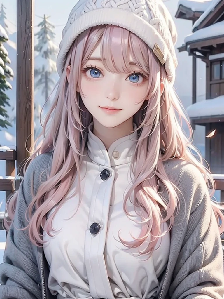 Light pink hair、masterpiece、Best Quality、 Hi-Res、 VERY DETAILED PICTURES、 professional lighting with falling leaves、(((Tops)))、 bangs between eyes 、Hair above the eyes、片Hair above the eyes、Medium face 、 poses、Portraiture、Bright expression、like々White, radiant skin、Great looks、Light pink hair、眩しいハイライトが入ったLight pink hair、Bright and shiny hair,、 long straight hair 、Beautiful sparkling bangs、 sparkling 、Clear、 charming big blue eyes 、 so beautiful, Lovely and cute girl,  watch the audience , Laughter, ( winter mountain style combined with a warm down jacket and knitted hat), Majestic mountain ranges covered in pure white snow