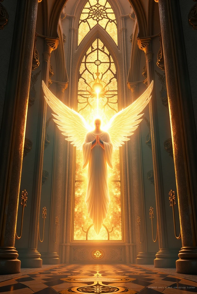 Person prostrates himself in front of imposing angel of light on golden glass floor and yellow and red sky, Near the angel a large golden candelabrum with 7 arms to light the flame in each arm