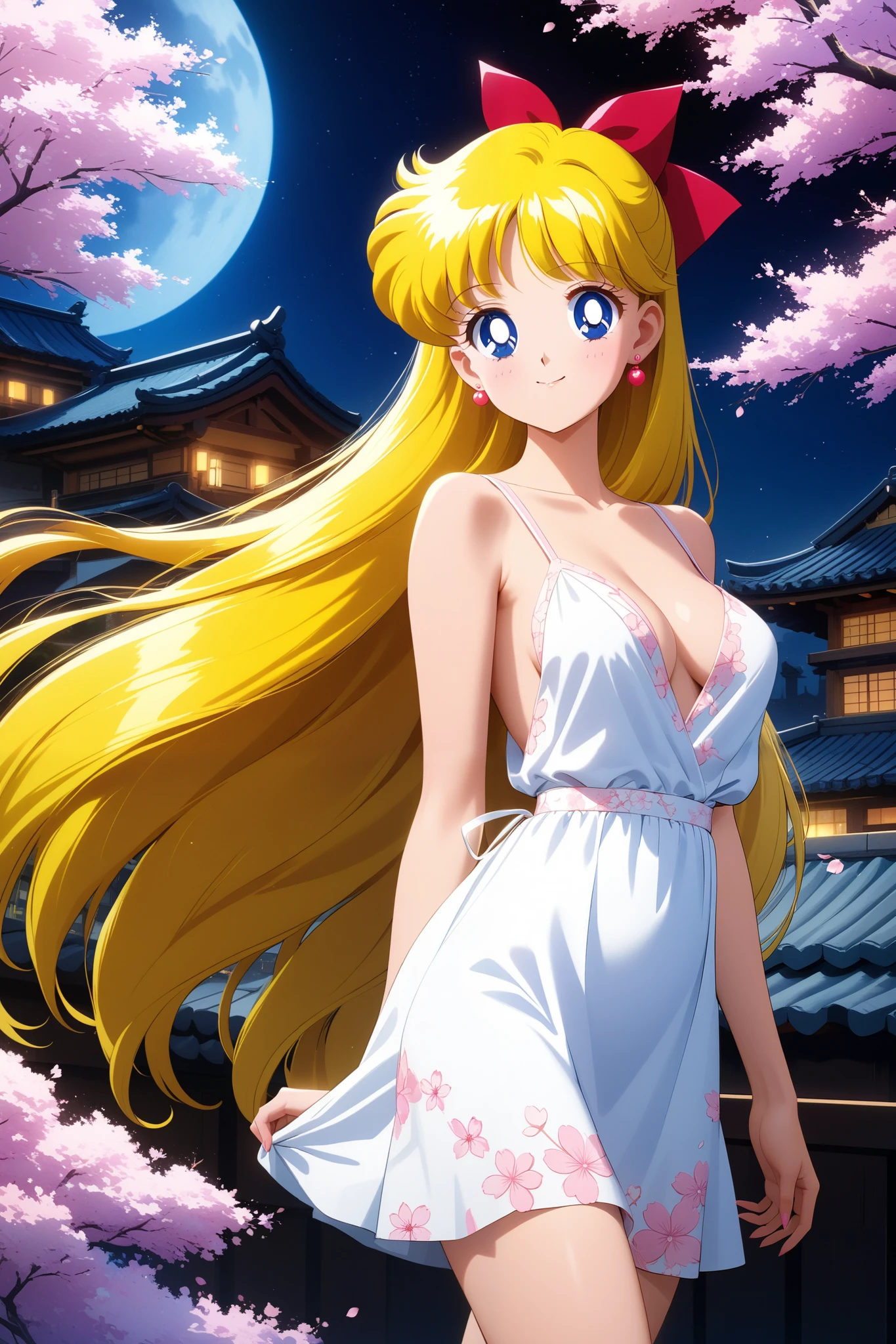 colorful, (masterpiece, best quality, very aesthetic , ultra detailed), intriguing details , 4K, aavenus, long hair, blonde hair, combed to the side, earrings, blue eyes, 1girl, usagi's birthday, cute white dress, pink cherry blossoms printed, smile,  detailed background, intricate details, black night, Various sexy poses、Depicts the whole body