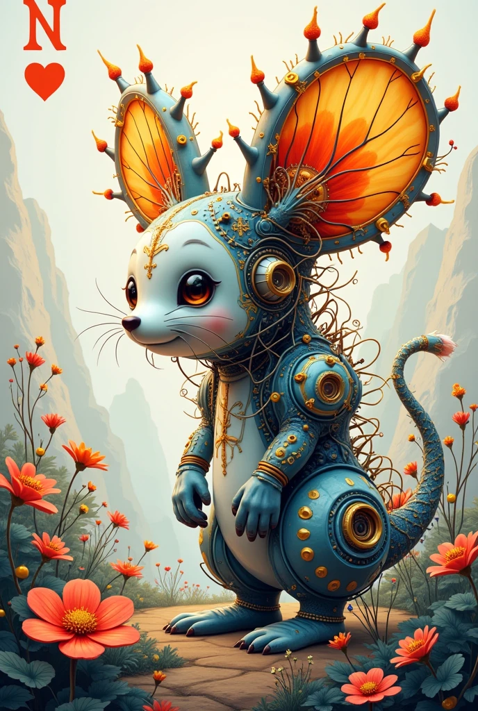 Magic style, (((On a playing card))), **Requirement**: Create animals or plants that blend organic life with intricate mechanical elements, (((Disney's Minnie Mouse))), **Details**: this theme lets you explore the fusion of nature and machine. In terms of art influences, you could take inspiration from the smooth fusion of form and function seen in sci-fi landscapes. minimalist, alcohol ink dreams, expressionism art, surreal art,