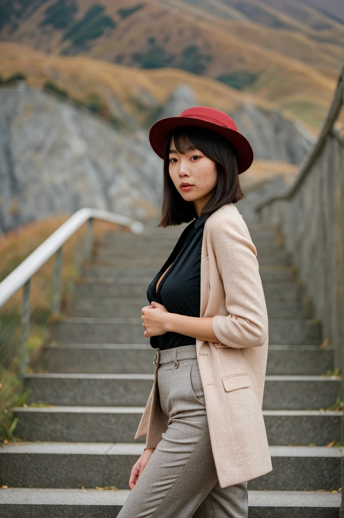 fashion portrait photo of beautiful young Japanese woman with long bob wearing big woven hat,most attractive face, hold big bag ,red long business suit unzip, pants, beautiful body,nude, nsfw, beautiful round boobs,standing  on the stairs mountain background, look up camera man,taken on a hasselblad medium format camera, Instagram style , fashion pose, fashion photography 