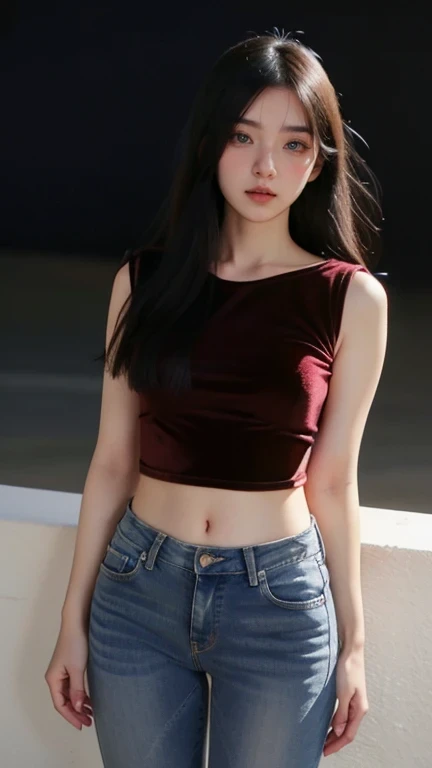 cinematic lighting, masterpiece, UHD, anatomically correct, textured skin, super detail, high quality, award winning, highres, 16k, 8k, full body shot, a young korean woman, age 25, medium breast, ((Velvet Top with High-Waisted Jeans)), proud pose, neutral expression, blurred surroundings, Center of attention.