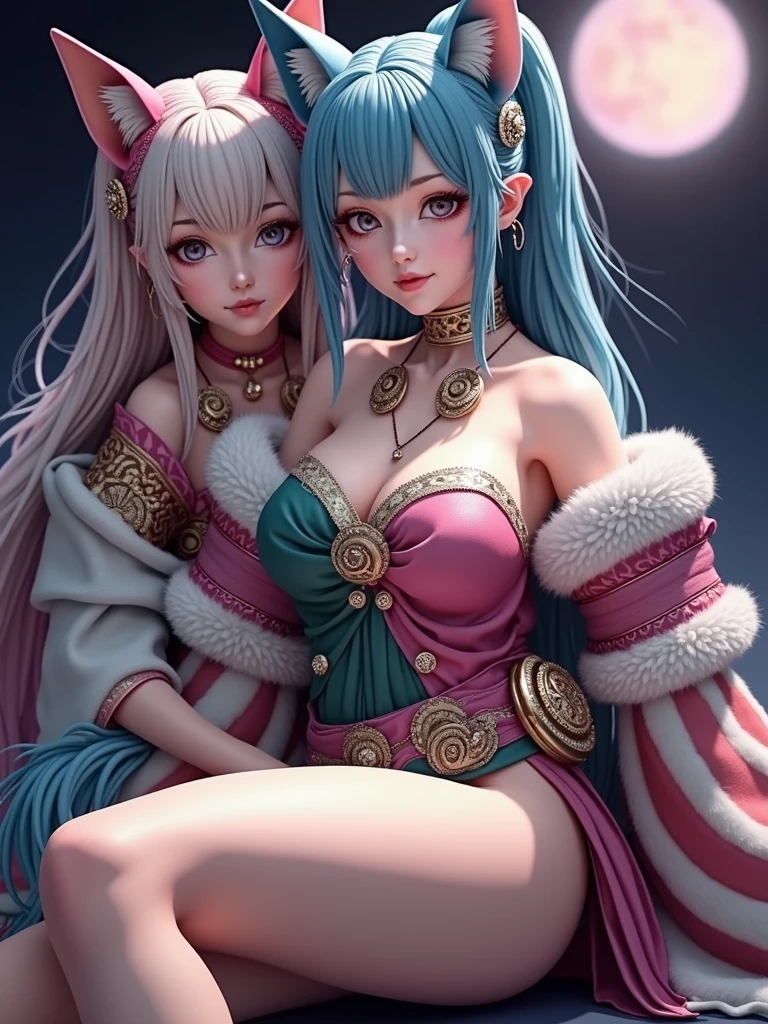 concept-art,"1 couple, Animal ears male focus, Beast ears,Beast tail, O cabelo multicolorido,Handsome boy,Long white hair, nipple tassels, By bangs,Colorful,Bold colors,White sexy kimono,(avas)komono,Female large breasts,Traditional Chinese clothing,closeup cleavage,Intimate interaction in bed,Look at each other,ear studs,Nipple Ring,sweat leggs,Illuminate people", rich colourful,Master composition,Focus on key people, photorealisti,tmasterpiece, awardwinning, best qualtiy, tmasterpiece, ultra - detailed, 8K, Extremely detailed CG unified 8K wallpapers, 复杂, highly detailed, realisticlying