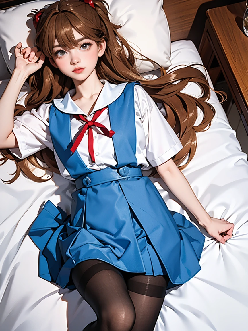 ((highest quality, 8K, masterpiece:1.3, realistic:1.3)), {{lying in bed, From above, dakimakura}}, Japanese high school girl, single woman, very light brown hair, With bangs, (japanese uniform, socks, thick thighs,Store the song on the cotton side), Highly detailed face and skin texture, fine eyes, lip details, The hair is very well drawn, Pueros face, in the heat, embarrassed look, natural makeup:1.0,skirt lift,pantyhose,