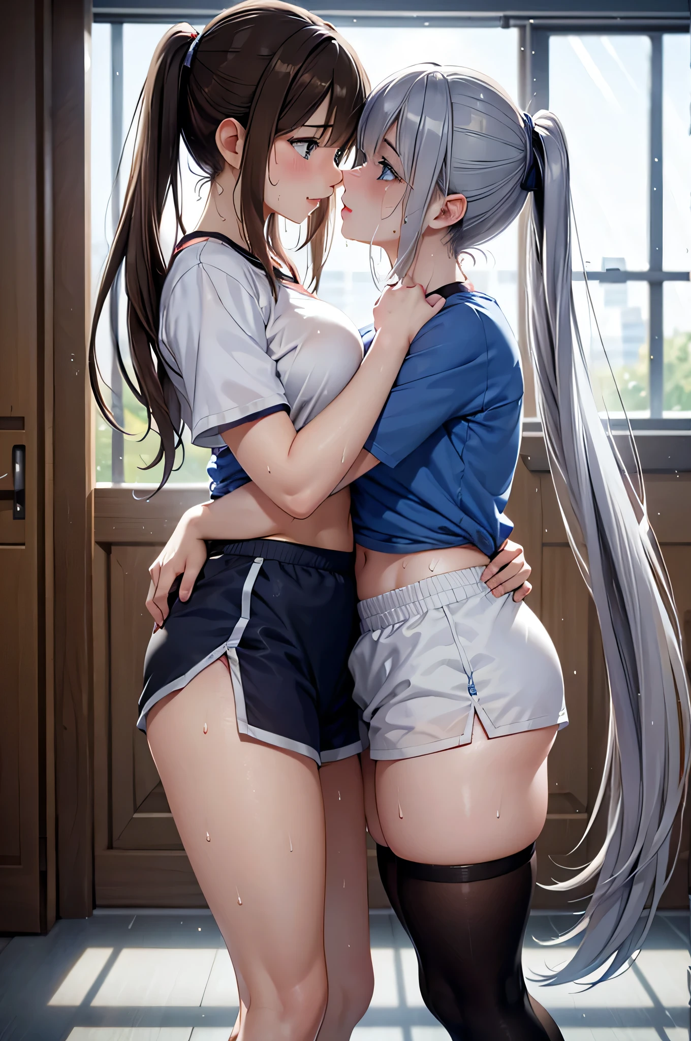  adult woman laughing, 2 women kissing,The two of them are staring at each other, puts hands inside skirt, sexy,8K resolution,((Best Quality)), super high definition, (sad and sad face ), ( blue eyes),  Beautiful Symmetrical Face , ( silvery long hair),( brown ponytail),Gym clothes, Shorts ,Realistic:1.4,Realistic:1.4,(masterpiece:1.2), perfect eyes,Perfect Eyes, Anatomically Correct Human Body ,Perfect waist,Perfect thighs,(Open your mouth:0.8),(tongue:0.8),Sigh,socks,Disheveled clothing,(sweat:1.4),(saliva:0.8)