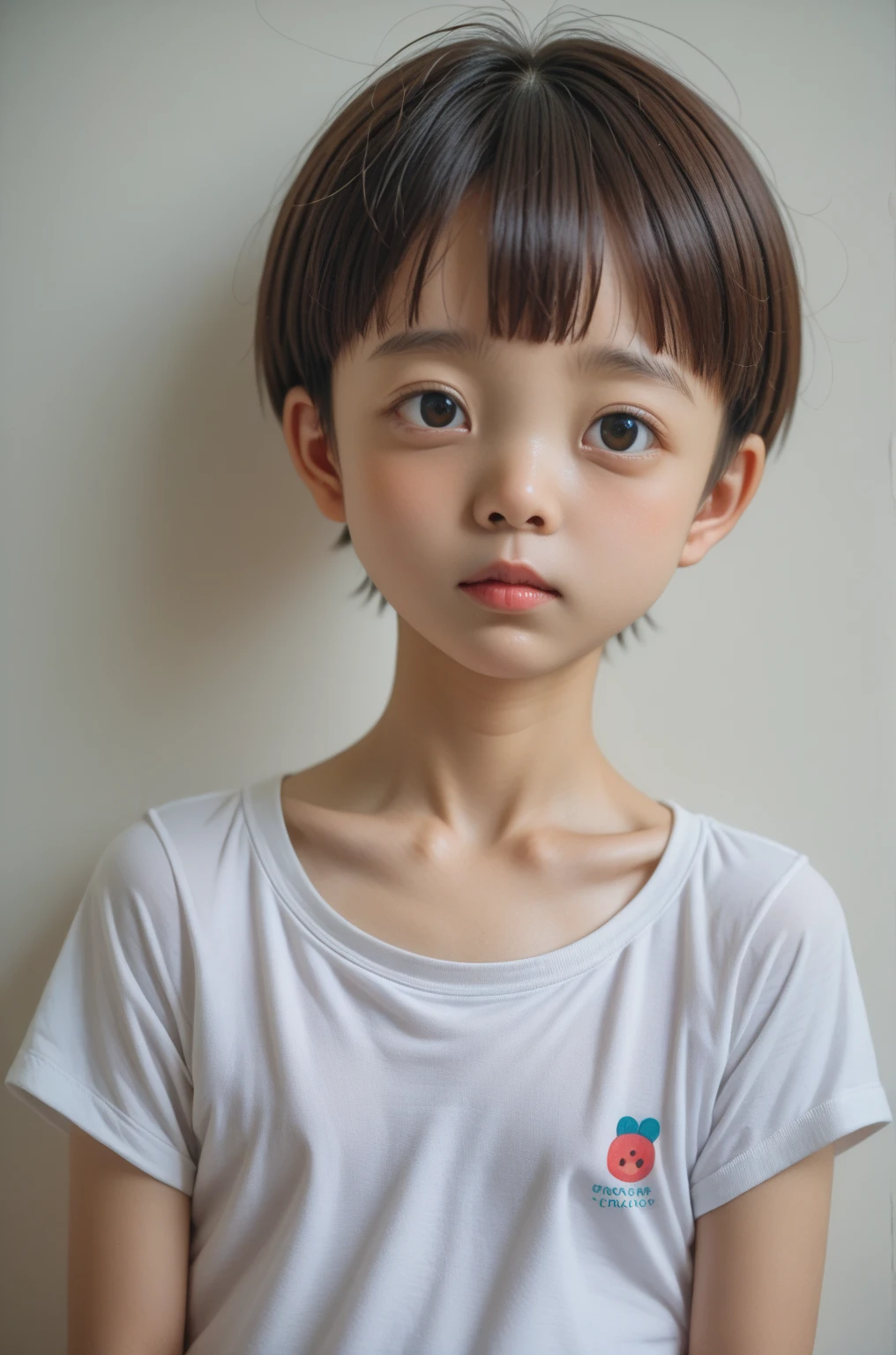 (Best Quality:1.2),( Detailed Details)、 Realistic Skin Textures 、( beautiful detail on white skin)、(masterpiece)、 High Quality、( toddler figure )、Young、 1 girl, shortcut、((12yo))、(((flat chest︰1.3)))、((Upturned chest: 1.2))、(Baggy shirt), Summer sunshine,  upper body、((Shy look: 1 .3))