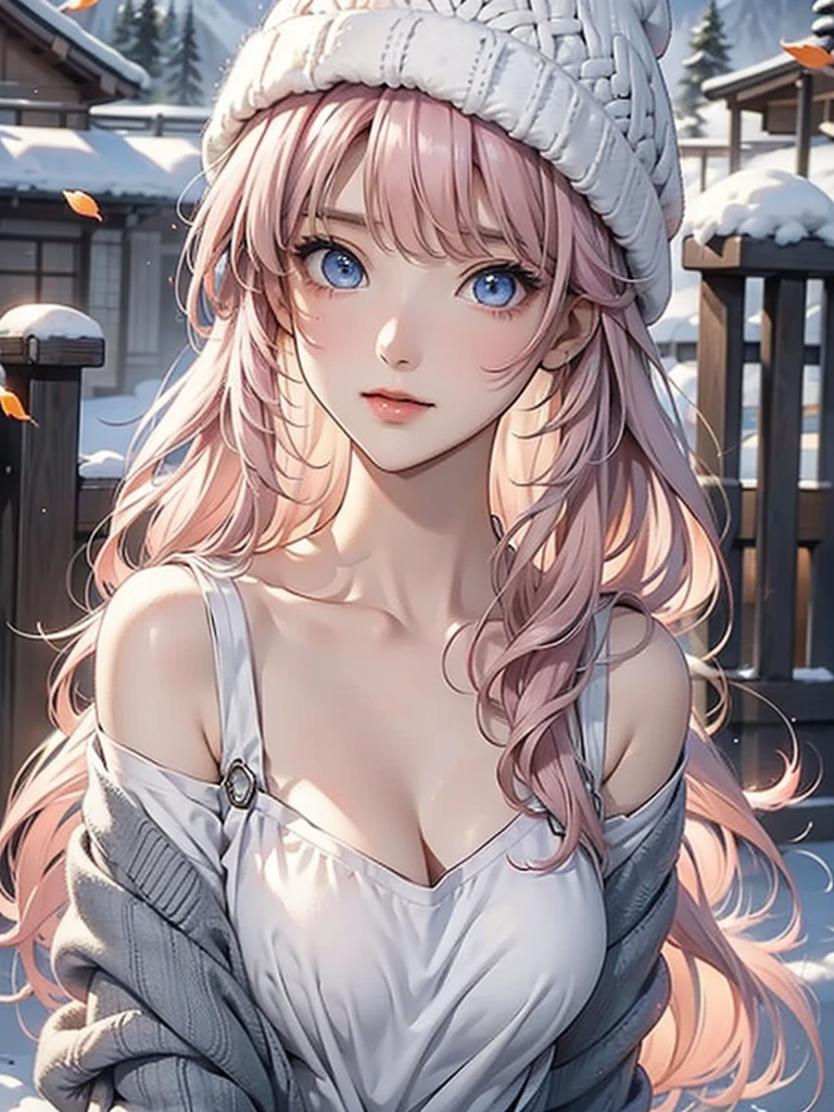 Light pink hair、masterpiece、Best Quality、 Hi-Res、 VERY DETAILED PICTURES、 professional lighting with falling leaves、(((Tops)))、 bangs between eyes 、Hair above the eyes、片Hair above the eyes、Medium face 、 poses、Portraiture、Bright expression、like々White, radiant skin、Great looks、Light pink hair、眩しいハイライトが入ったLight pink hair、Bright and shiny hair,、 long straight hair 、Beautiful sparkling bangs、 sparkling 、Clear、 charming big blue eyes 、 so beautiful, Lovely and cute girl,  watch the audience , Laughter, ( winter mountain style combined with a warm down jacket and knitted hat), Majestic mountain ranges covered in pure white snow