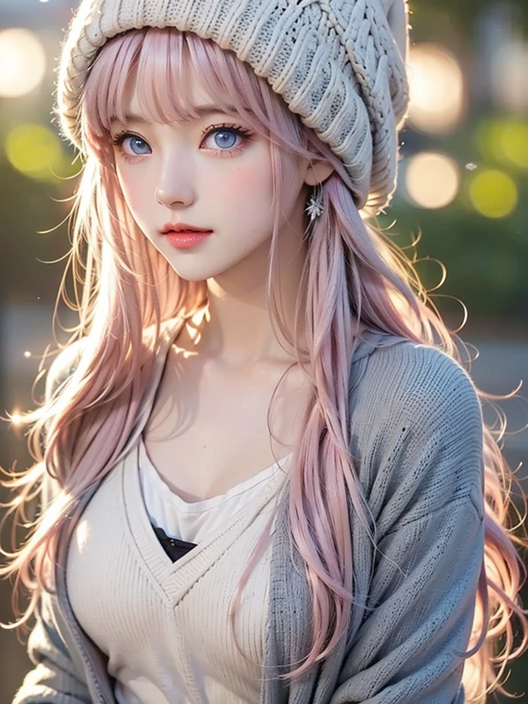 Light pink hair、masterpiece、Best Quality、 Hi-Res、 VERY DETAILED PICTURES、 professional lighting with falling leaves、(((Tops)))、 bangs between eyes 、Hair above the eyes、片Hair above the eyes、Medium face 、 poses、Portraiture、Bright expression、like々White, radiant skin、Great looks、Light pink hair、眩しいハイライトが入ったLight pink hair、Bright and shiny hair,、 long straight hair 、Beautiful sparkling bangs、 sparkling 、Clear、 charming big blue eyes 、 so beautiful, Lovely and cute girl,  watch the audience , Laughter, ( winter mountain style combined with a warm down jacket and knitted hat), Majestic mountain ranges covered in pure white snow