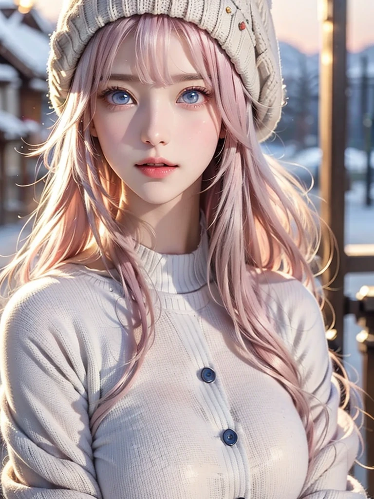 Light pink hair、masterpiece、Best Quality、 Hi-Res、 VERY DETAILED PICTURES、 professional lighting with falling leaves、(((Tops)))、 bangs between eyes 、Hair above the eyes、片Hair above the eyes、Medium face 、 poses、Portraiture、Bright expression、like々White, radiant skin、Great looks、Light pink hair、眩しいハイライトが入ったLight pink hair、Bright and shiny hair,、 long straight hair 、Beautiful sparkling bangs、 sparkling 、Clear、 charming big blue eyes 、 so beautiful, Lovely and cute girl,  watch the audience , Laughter, ( winter mountain style combined with a warm down jacket and knitted hat), Majestic mountain ranges covered in pure white snow