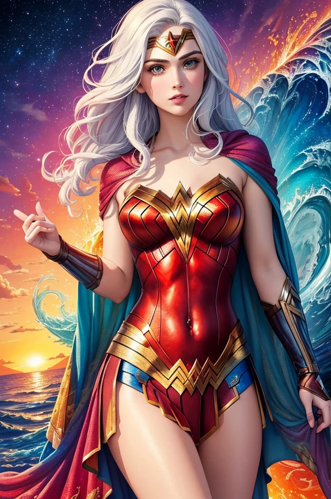 (masterpiece, top quality, best quality, official art, beautiful and aesthetic:1.2),1girl,solo,wonder woman,extreme detailed,(colorful:1.3),highest detailed,sunset,sea,white hair,(fractal art:1.3),