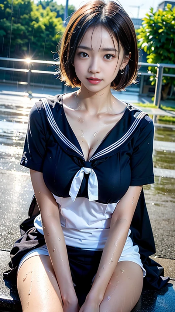 Japanese girl、Girls in their 20s、Perfect figure、Transparency、Very huge boobs bigger than a face:1.75、Navy Blue Skirt、purple dress shirt、Gravure idol pose、Shiny thighs、The whole body is wet with a lot of semen、The whole body is wet with a lot of semen