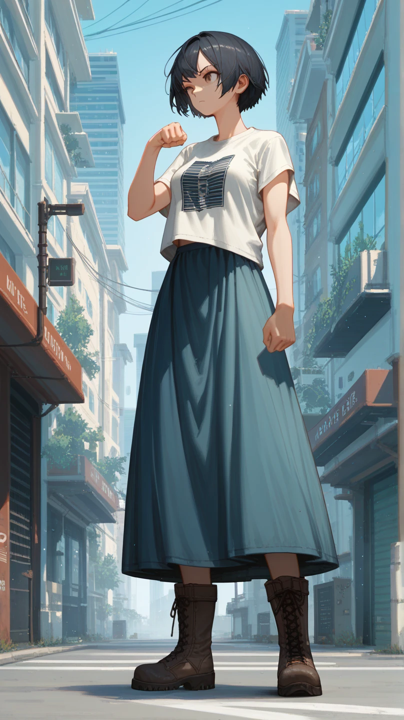 Long Shot,full body,Dynamic angles,woman with navy SHORT HAIR wearing sleeveless t-shirt and Long Skirt,CITY,solo, 1 female,Highest quality,masterpiece,put on boots,(cool pose:1)