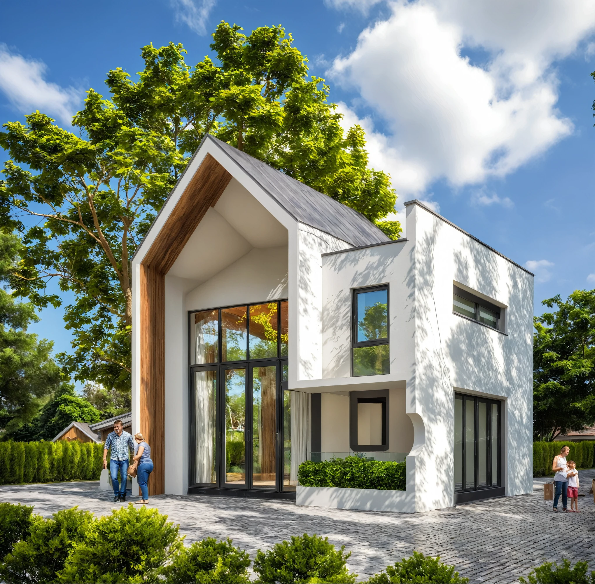 Masterpiece, high quality, best quality, authentic, super detail, outdoors, house style modern,bietthuhn, white wall, glass windows, gate road,pavement, grass, trees,blue sky, cloud, (day:1.1), realistic lighting