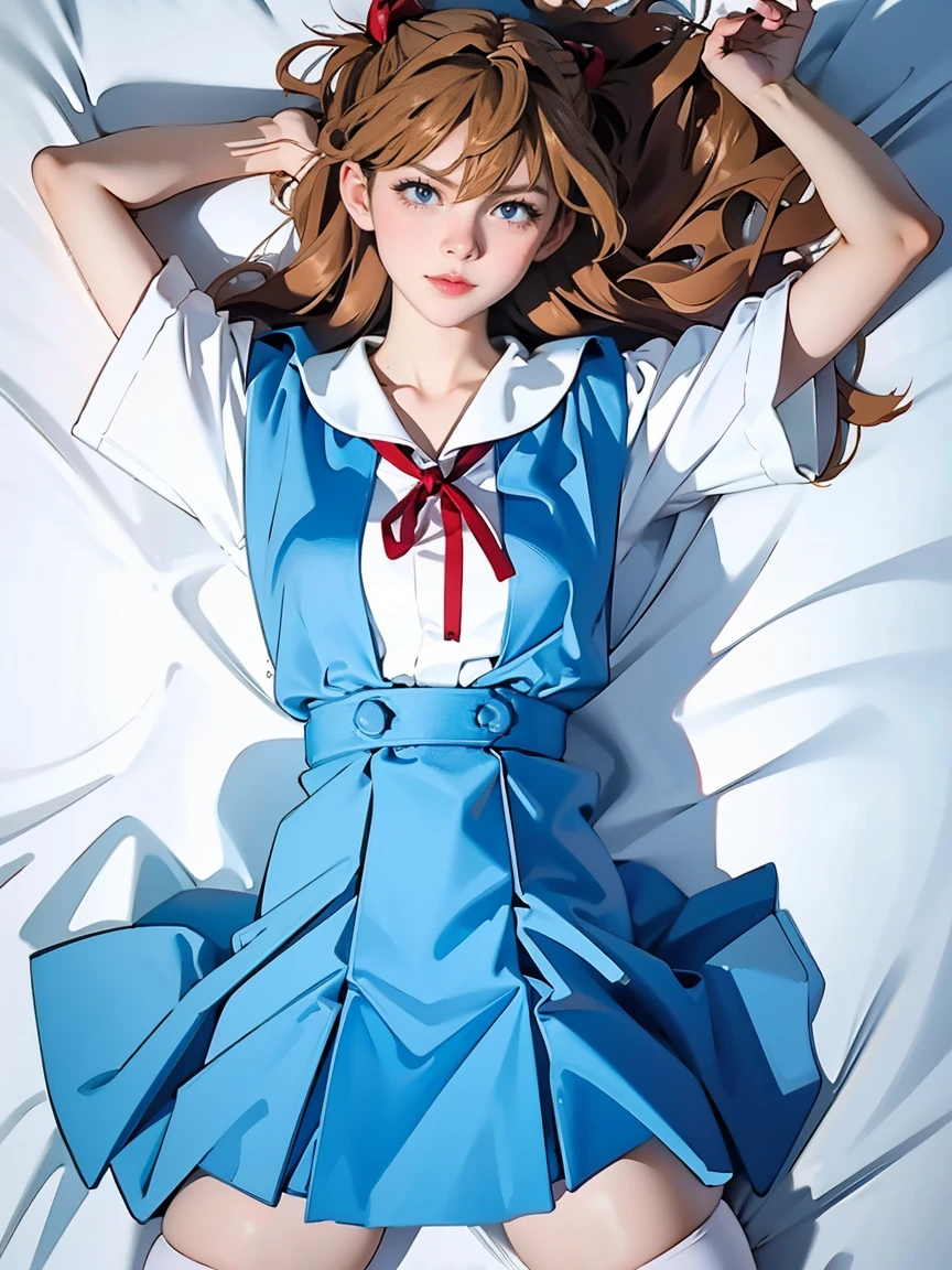 ((highest quality, 8K, masterpiece:1.3, realistic:1.3)), {{lying in bed, From above, dakimakura}}, Japanese high school girl, single woman, very light brown hair, With bangs, (japanese uniform, socks, thick thighs,Store the song on the cotton side), Highly detailed face and skin texture, fine eyes, lip details, The hair is very well drawn, Pueros face, in the heat, embarrassed look, natural makeup:1.0,skirt lift,pantyhose,