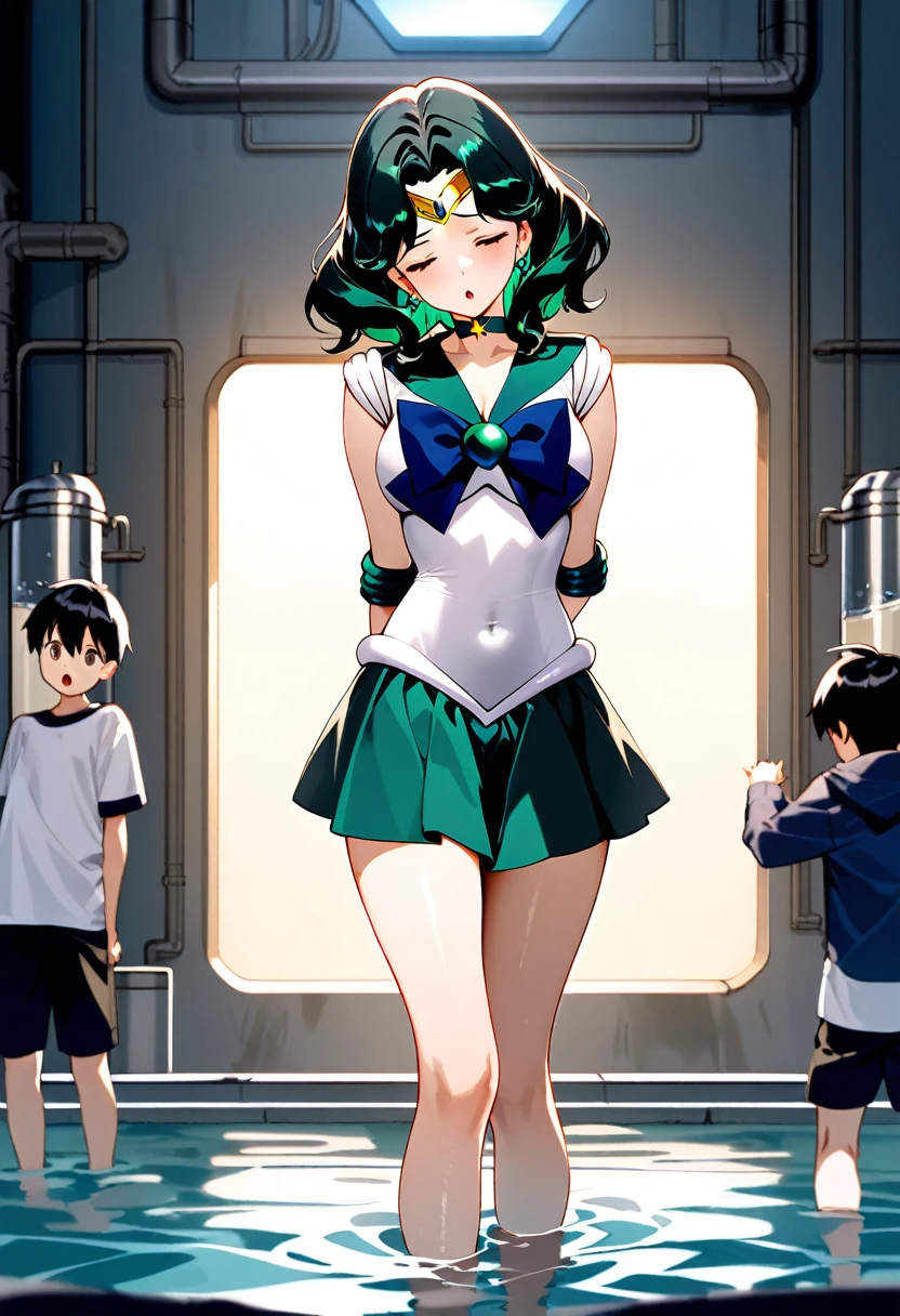 Game screen shot, 2 persons, (****ung black hair boy standing, watching water tank on background:1.2) BREAK girl focus, (1 mature girl floating inside water cylinder:1.2), sailor Neptune, closed eyes, :o, weak, head tilt, wounded, skirt, white leotard, 8K, UHD, best quality,highres, sci-fi, cinematic composition, masterpiece, perfect shading, moody lighting, AI generated