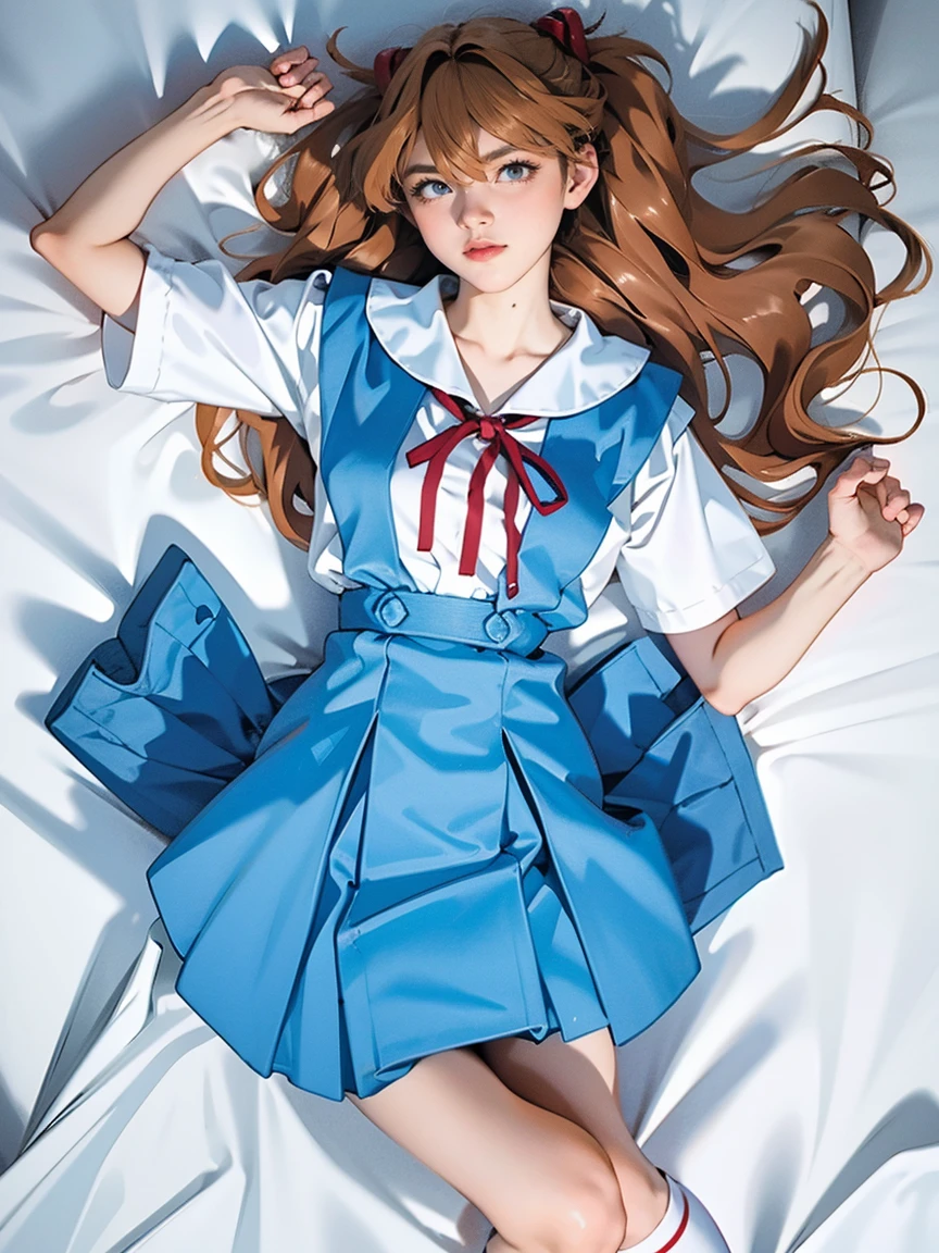 ((highest quality, 8K, masterpiece:1.3, realistic:1.3)), {{lying in bed, From above, dakimakura}}, Japanese high school girl, single woman, very light brown hair, With bangs, (japanese uniform, socks, thick thighs,Store the song on the cotton side), Highly detailed face and skin texture, fine eyes, lip details, The hair is very well drawn, Pueros face, in the heat, embarrassed look, natural makeup:1.0,skirt lift,pantyhose,