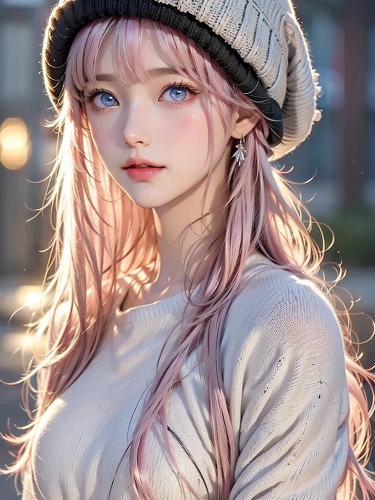 Light pink hair、masterpiece、Best Quality、 Hi-Res、 VERY DETAILED PICTURES、 professional lighting with falling leaves、(((Tops)))、 bangs between eyes 、Hair above the eyes、片Hair above the eyes、Medium face 、 poses、Portraiture、Bright expression、like々White, radiant skin、Great looks、Light pink hair、眩しいハイライトが入ったLight pink hair、Bright and shiny hair,、 long straight hair 、Beautiful sparkling bangs、 sparkling 、Clear、 charming big blue eyes 、 so beautiful, Lovely and cute girl,  watch the audience , Laughter, ( winter mountain style combined with a warm down jacket and knitted hat), Majestic mountain ranges covered in pure white snow