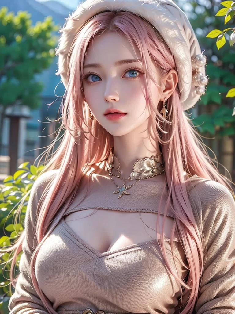 Light pink hair、masterpiece、Best Quality、 Hi-Res、 VERY DETAILED PICTURES、 professional lighting with falling leaves、(((Tops)))、 bangs between eyes 、Hair above the eyes、片Hair above the eyes、Medium face 、 poses、Portraiture、Bright expression、like々White, radiant skin、Great looks、Light pink hair、眩しいハイライトが入ったLight pink hair、Bright and shiny hair,、 long straight hair 、Beautiful sparkling bangs、 sparkling 、Clear、 charming big blue eyes 、 so beautiful, Lovely and cute girl,  watch the audience , Laughter, ( winter mountain style combined with a warm down jacket and knitted hat), Majestic mountain ranges covered in pure white snow