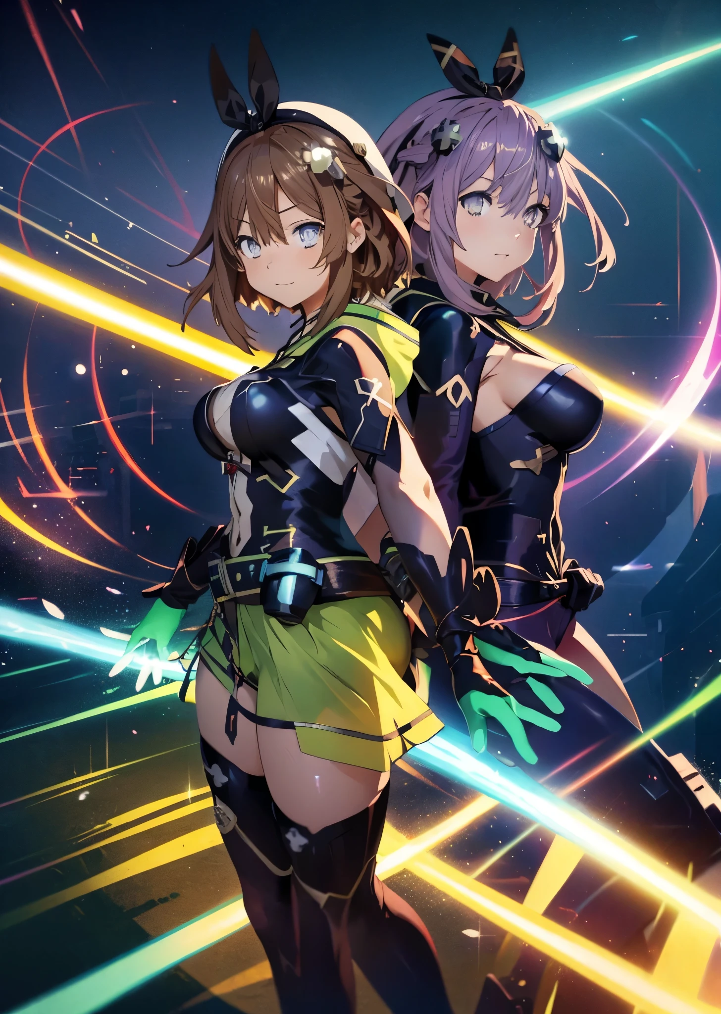 Mischievous look image at Backlight , anime style, limelight, Impossible fantasy world, 2 girls