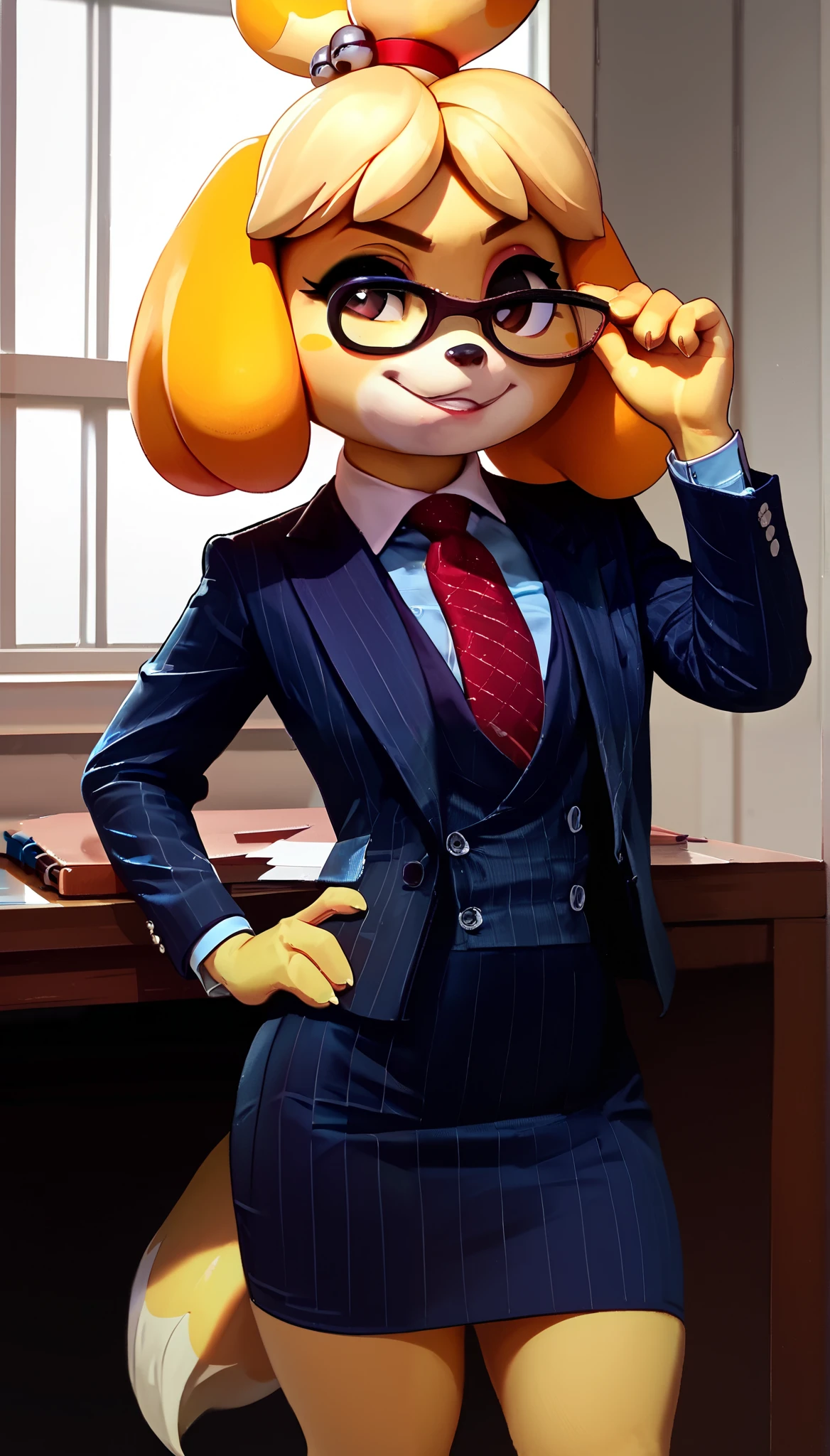 score_9, score_8_up, score_7_up, score_6_up, source_anime, three-piece suit, 1girl, solo, glasses, formal, jewelry, suit, (((maroon striped silk necktie))), earrings, jacket, waistcoat, shirt, standing, window, ((navy pinstripe jacket)), ((light blue shirt with white collar)), white shirt collar, ((navy pinstripe skirt)), makeup, Score_9, score_8_up, score_7_up, close up
isabelle \(animal crossing\) , cute, source_furry, office cubicle desk background, shortstack, big head, tail, smirk, adjusting glasses, short, standing, hand on hip, clipboard, friendly, slender,