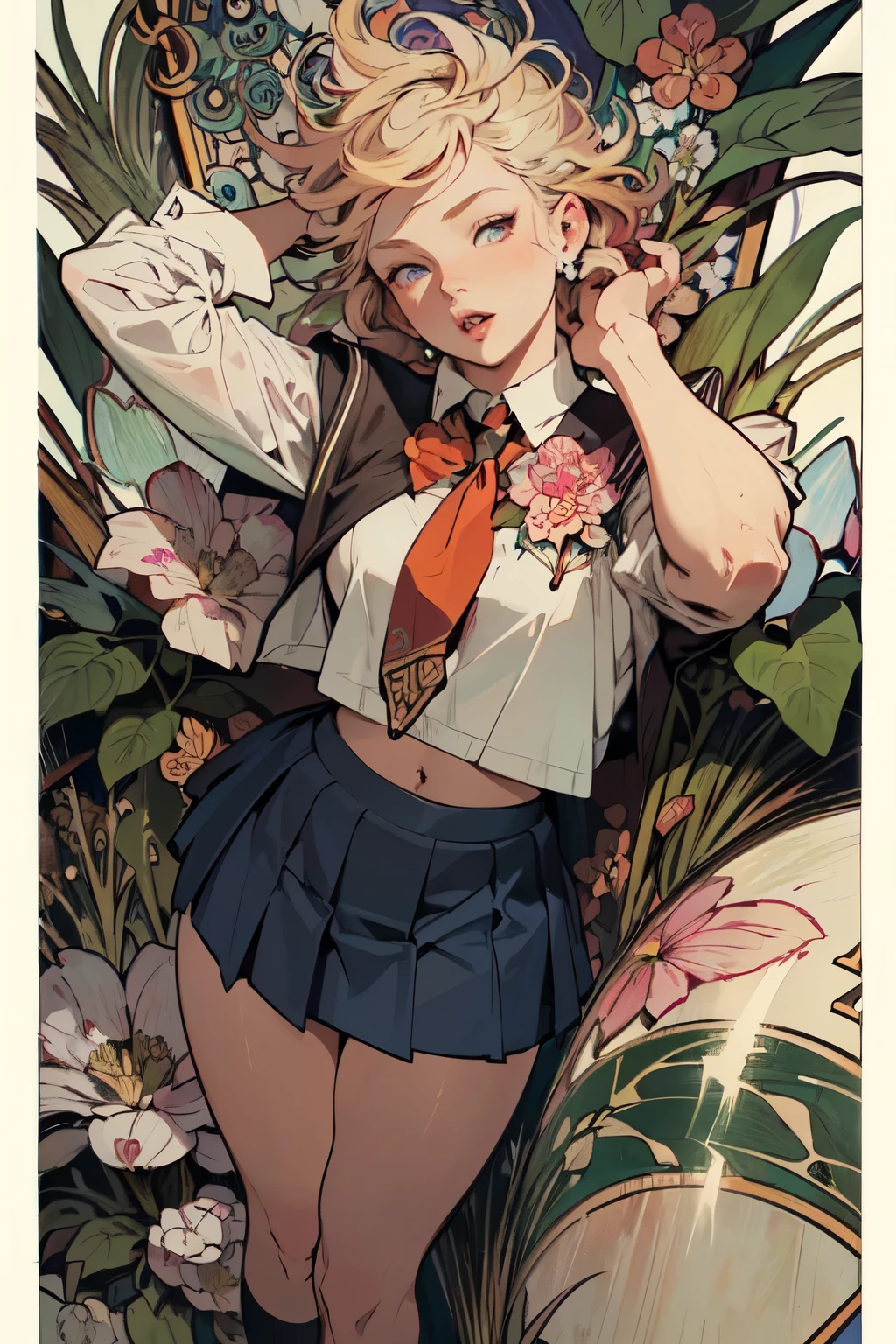 poster, (by mucha:1.2),((art deco,Botanical Art,Floral Art)),(floral:1.2), Depth,
(masterpiece, highest quality),(vibrant colors,colorful),(amazing details,detailed background),anatomically correct,Accurate drawing,Detailed drawing,high-class sense,
break,
a girl, solo:1.5, stomach, (detailed face:1.2),
(School uniform:1.5), (open mouth, pursed lips),