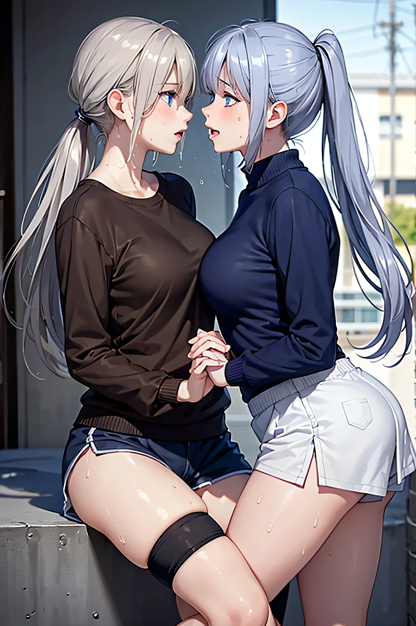 NSFW、(Anatomically correct、Masterpiece、Highest quality、Tabletop、Detailed construction)、(((Two beautiful girls, one with silver hair and the other with blonde hair and dark skin.)))、White shirt、(((Lesbian)))、(((Sweat)))、((Anal))、(((Love juice、Squirting)))、(((Intense sex in standing position)))、((Pubic hair))