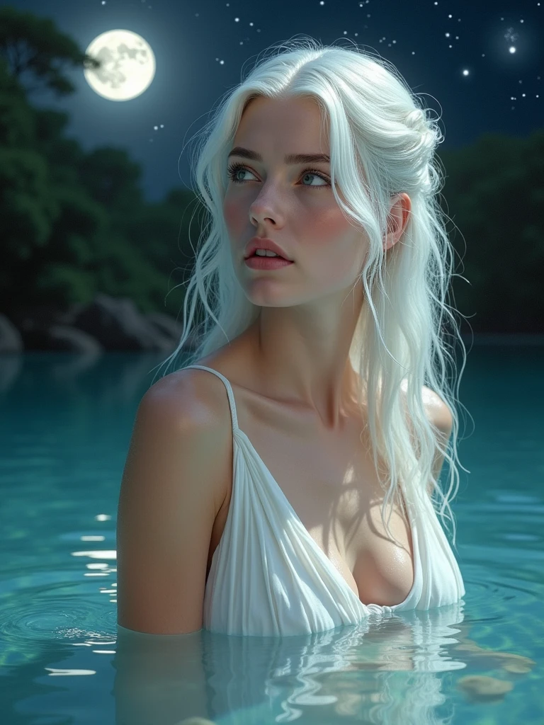 master part, extremely high quality, (High detail:1.1), (hyper detailed eyes), Dramatic, 1 asian women, (pale skin), long white hair, ethereal eyes, (light eyebrows), standing alone, completely naked, perky breasts, long hair, JTiago Azevedo, moonligh, natta, pouty lips, Skinned, proud expression,beachfront, detailed backgrounds. full body picture