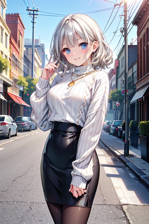  girl posing for a photo,  cute girl, (( one girl playing pranks)), ((baby face:1.4)), ((cute:1.4)), 
break 

(( white knit sweater:1.2)) + (( long sleeve )) + ((bare cut )), ((shiny rubber black pencil skirt:1.2)) + (High waist), (( black pantyhose)) + ((low denier :1.2)), ( black high heels), 
((gold moon necklace )),  
break 

(( Silver Hair:1.2)), (( long sideburns :1.4)), (( shortcut hair) : ( voluminous hair) + ( outbound ) + (Curly hair)), 
(Droopy eyes:1.4), (Big Eyes:1.4), ( blue eyes), 
(( smaller breasts)), ((Thick thighs)), 
break 

((blush:1.2)、(wicked smile:1.4)、Open Mouth), 
((noon + blue sky, SUNSHINE DOWNTOWN , Sidewalk)), 
((Hands clasped above head、Standing strong with confidence )),  
(( side angle)), (( character focus )), (( cowboy shots)), 
break 

( Slim Body ), (Symmetrical facial features), 
( detailed hair), (Beautiful Hair), ( shiny hair), 
(double eyelid), ( long eyelashes ), (Thin eyebrows), 
( Sparkling Eyes), ( detailed eyes on board), ( beautiful eyes), ( perfect eyes), (Shining Eyes),  
((Human Ear)), 
(Beautiful Nose), (Thin Nose), 
( glossy lips ), ( beautiful lips), (Thick lips), 
#(Detailed skin), ( fine skin), ( beautiful skin ), ( oily skin ),  
break 

(((Best Quality)), ((masterpiece:1.3)), (( very detailed))), (( super high definition)), ((16k)), ((1080P)), ((Full HD)), 
( anatomically correct), ((Realistic)), (3DCG), ((oil)), 
((anime)), ((photorealistic)), (CG illustration), ( RAW Photos), 
