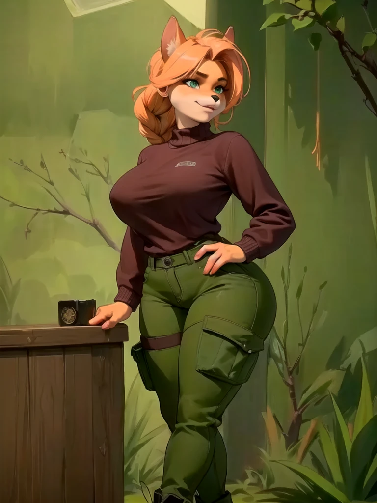 A furry, sancy anthro bandicoot girl with redhead braided hair, beautiful green eyes, sexy and seductive expression, wearing a warm sweater, camouflage pants, and army boots, (best quality,4k,8k,highres,masterpiece:1.2),ultra-detailed,(realistic,photorealistic,photo-realistic:1.37),highly detailed, cinematic lighting, intricate details, vibrant colors, warm color palette