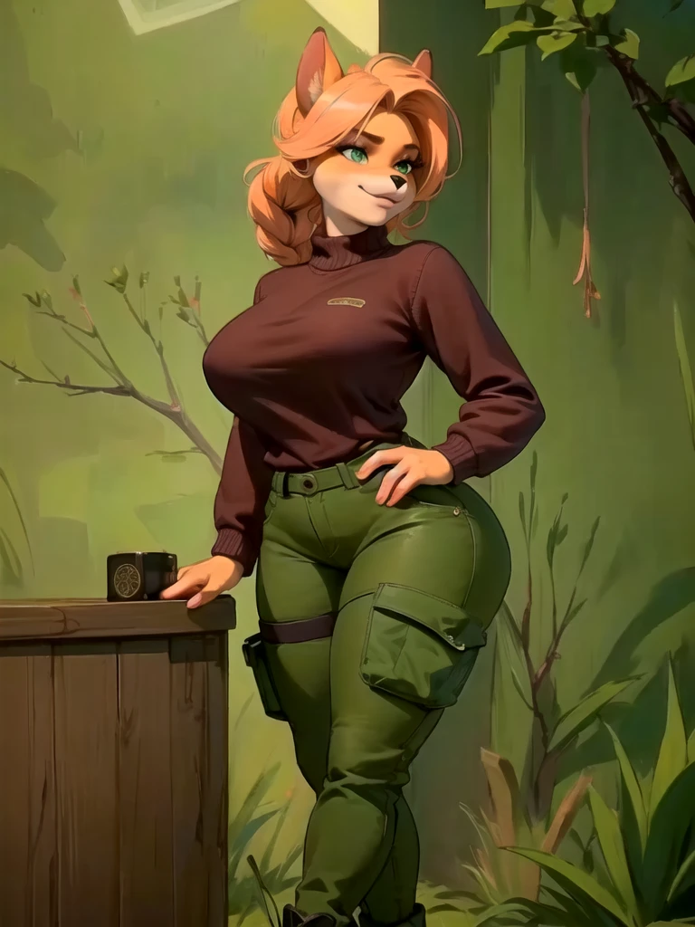 A furry, sancy anthro bandicoot girl with redhead braided hair, beautiful green eyes, sexy and seductive expression, wearing a warm sweater, camouflage pants, and army boots, (best quality,4k,8k,highres,masterpiece:1.2),ultra-detailed,(realistic,photorealistic,photo-realistic:1.37),highly detailed, cinematic lighting, intricate details, vibrant colors, warm color palette