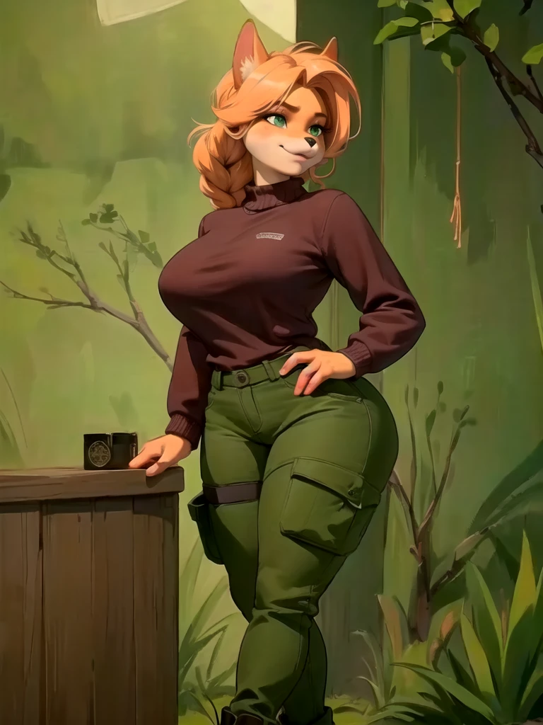 A furry, sancy anthro bandicoot girl with redhead braided hair, beautiful green eyes, sexy and seductive expression, wearing a warm sweater, camouflage pants, and army boots, (best quality,4k,8k,highres,masterpiece:1.2),ultra-detailed,(realistic,photorealistic,photo-realistic:1.37),highly detailed, cinematic lighting, intricate details, vibrant colors, warm color palette